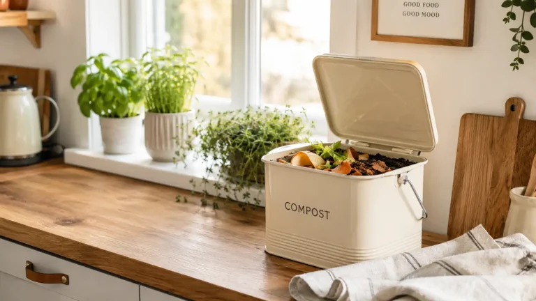 A cream-coloured metal compost bin with a handle sitting on a bright apartment kitchen counter beside a chopping board piled with vegetable scraps, eggshells, and soil, with potted herb plants on the windowsill in warm morning sunlight
