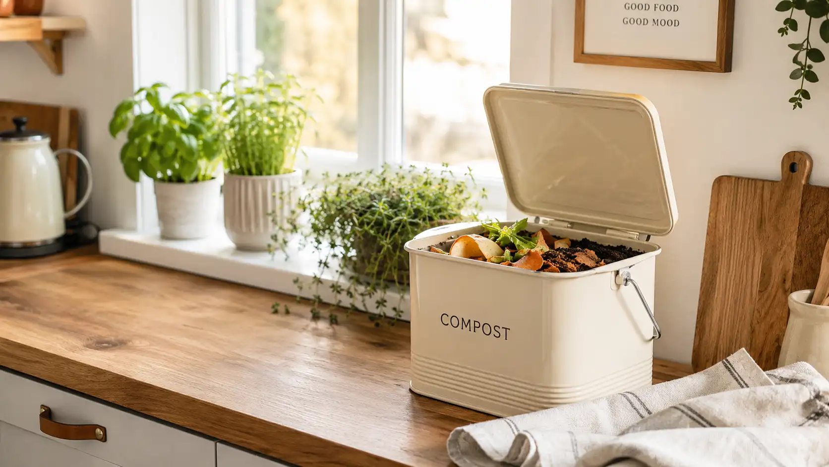 A cream-coloured metal compost bin with a handle sitting on a bright apartment kitchen counter beside a chopping board piled with vegetable scraps, eggshells, and soil, with potted herb plants on the windowsill in warm morning sunlight