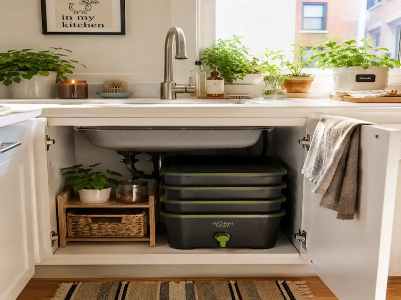 A stacked worm composting bin stored neatly inside an open under-sink kitchen cabinet with herb plants growing on the windowsill above