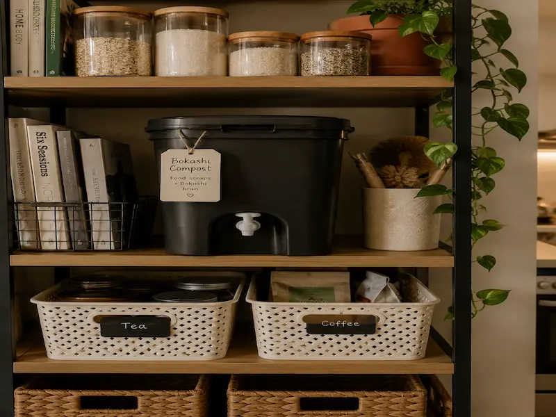 A black bokashi compost bucket with a label reading Bokashi Compost sitting on a wooden shelf between books and a plant, with labelled storage baskets on the shelves below.