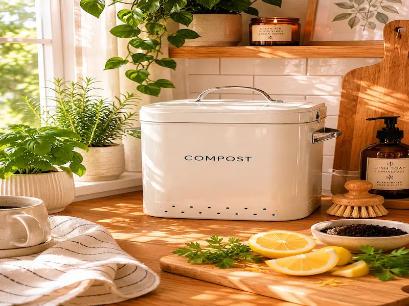 A cream-coloured compost bin on a sunny kitchen counter beside lemon slices, fresh herbs, a dish soap bottle, and potted plants