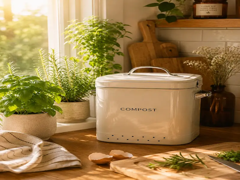 A cream-coloured metal compost bin sitting on a wooden kitchen counter surrounded by potted herb plants and warm morning sunlight