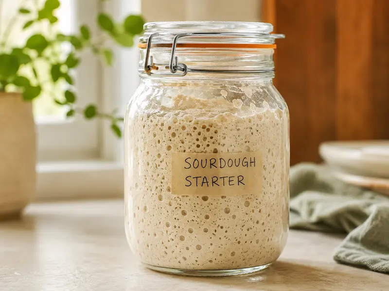 A glass sourdough starter jar on a kitchen counter showing active bubbling starter with visible rise and bubbles throughout in warm natural morning light