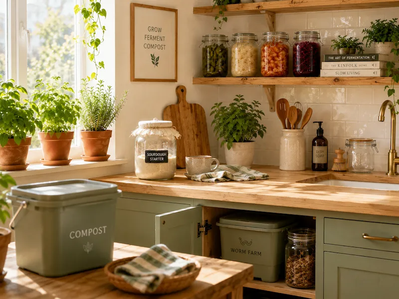 Apartment homestead kitchen with herb pots on the windowsill, sourdough starter jar, fermentation jars on open shelving, and a worm farm in sage-green cabinets.