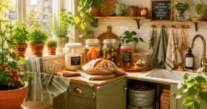 Cozy apartment homesteading kitchen with herb pots on a sunny windowsill, sourdough starter, fermented vegetables, homemade apple cider vinegar, and an indoor worm composting bin.