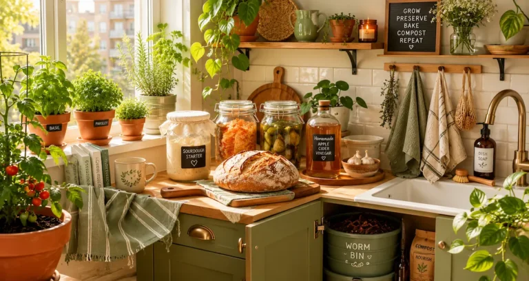Cozy apartment homesteading kitchen with herb pots on a sunny windowsill, sourdough starter, fermented vegetables, homemade apple cider vinegar, and an indoor worm composting bin.
