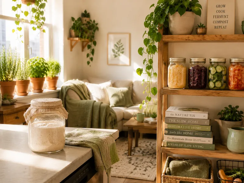 Bright apartment living space featuring indoor herb gardens, a sourdough starter jar, fermented vegetables in mason jars, and slow living books in a sustainable home.