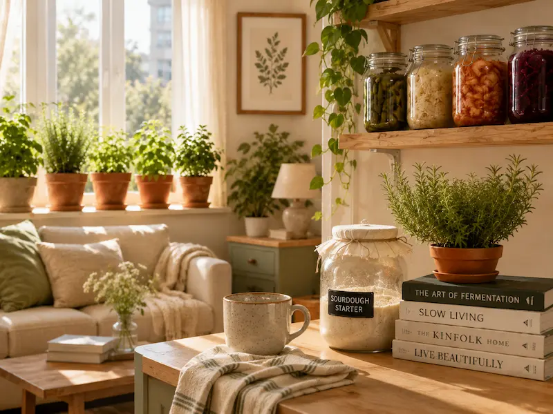 Cozy apartment with herb plants on a sunny windowsill, a sourdough starter jar, homesteading books, and fermentation jars on a wooden shelf.