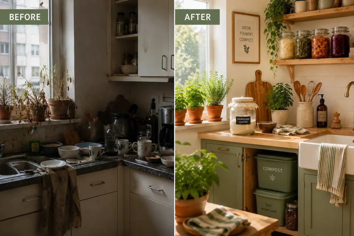 Before and after: a cluttered apartment kitchen transformed into an organized homestead kitchen with herbs, sourdough starter, fermentation jars, compost bin, and worm farm.