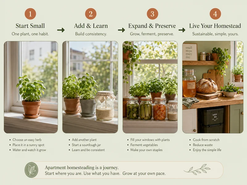 Step-by-step apartment homesteading journey, from a single herb pot to a thriving kitchen with homegrown food, fermentation, and sustainable living.