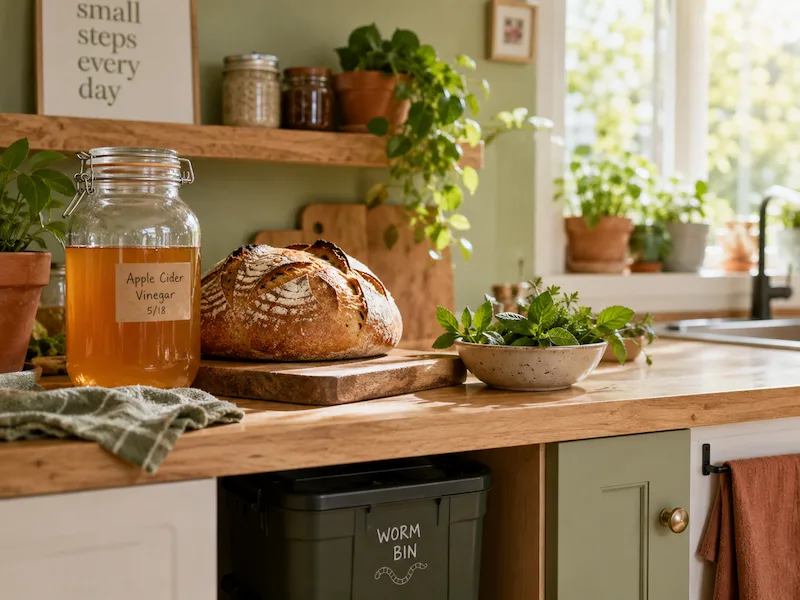 Apartment homesteading success in a bright kitchen featuring homemade apple cider vinegar, fresh sourdough bread, homegrown herbs, and a worm compost bin.