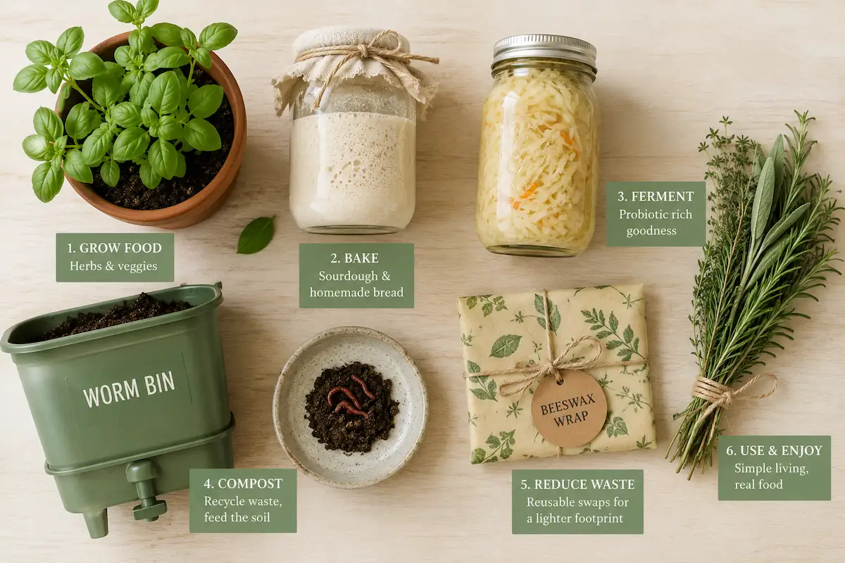 Flat lay of apartment homesteading essentials including a herb plant, sourdough starter, sauerkraut, worm composting bin, beeswax wrap, and fresh herbs on a wooden surface.