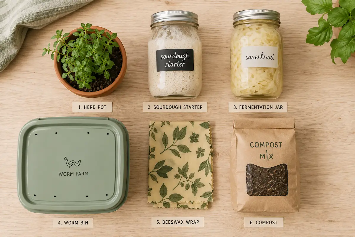 Six apartment homesteading starter items: herb pot, sourdough starter, sauerkraut jar, worm bin, beeswax wrap, and compost mix.