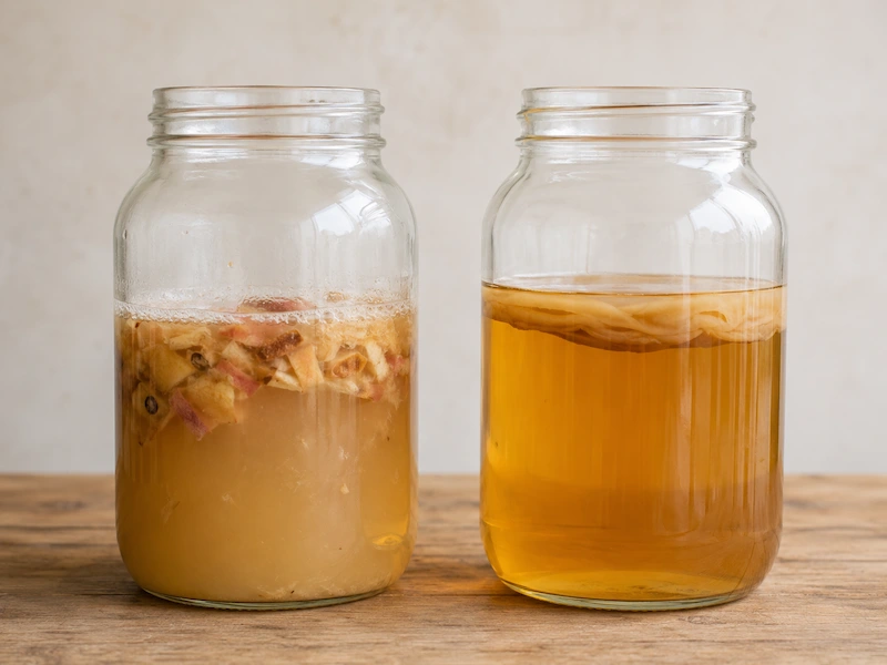 two glass jars showing apple cider vinegar fermentation stages from cloudy apple scrap liquid to clear golden finished vinegar with mother