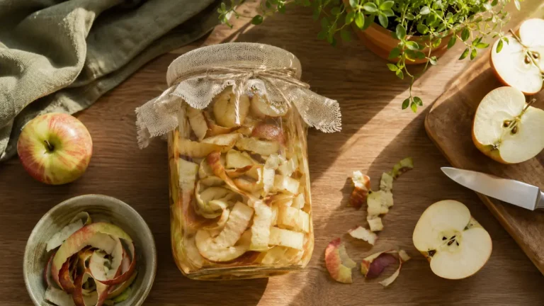 glass jar filled with apple peels and cores submerged in liquid covered with muslin cloth for making apple cider vinegar from scraps