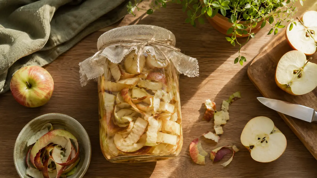 glass jar filled with apple peels and cores submerged in liquid covered with muslin cloth for making apple cider vinegar from scraps