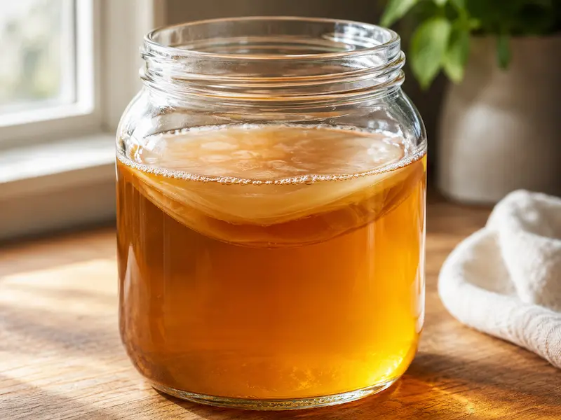 glass jar of golden homemade apple cider vinegar with visible mother floating near the surface