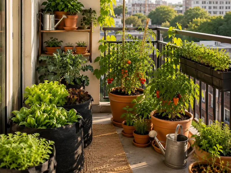 A well organised small apartment balcony container garden with tomatoes in terracotta pots, lettuce in fabric grow bags, herbs on a wooden shelf, and a watering can with a city skyline behind