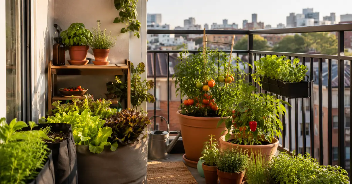 A productive apartment balcony container garden with lettuce, tomatoes, kale, and herbs growing in fabric grow bags and terracotta pots with a city view in warm afternoon sunlight