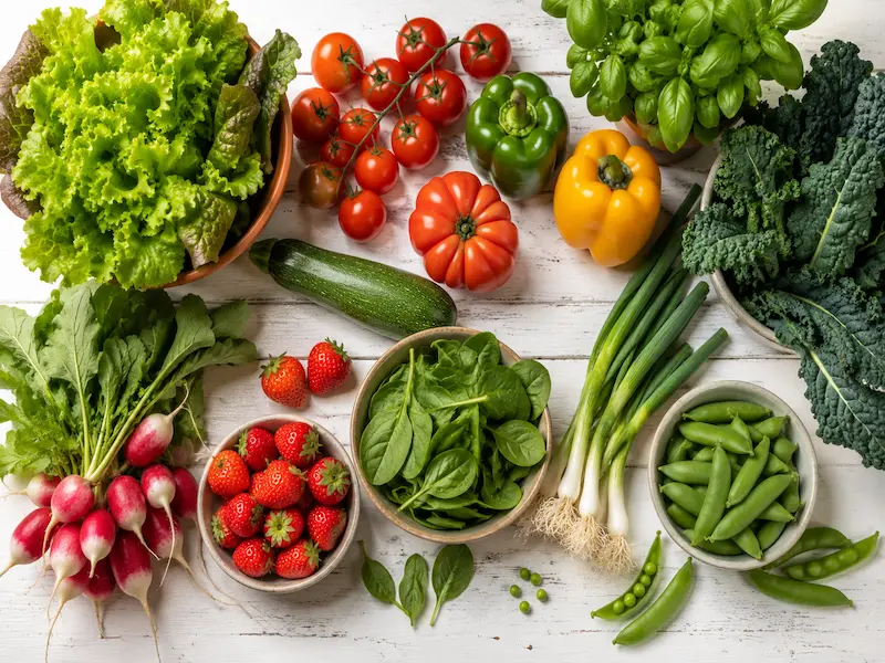 A flat lay of fresh balcony grown vegetables on a white wooden surface including lettuce, tomatoes, peppers, kale, radishes, spinach, strawberries, spring onions, courgette, and peas