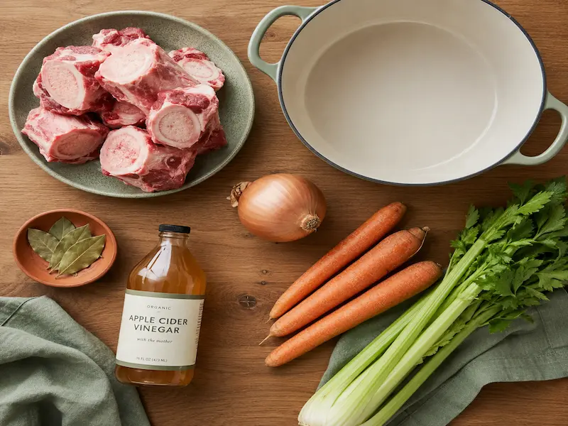 Bone broth equipment flat lay including raw beef bones, a stockpot, onion, carrots, celery, bay leaves, and apple cider vinegar on a wooden counter