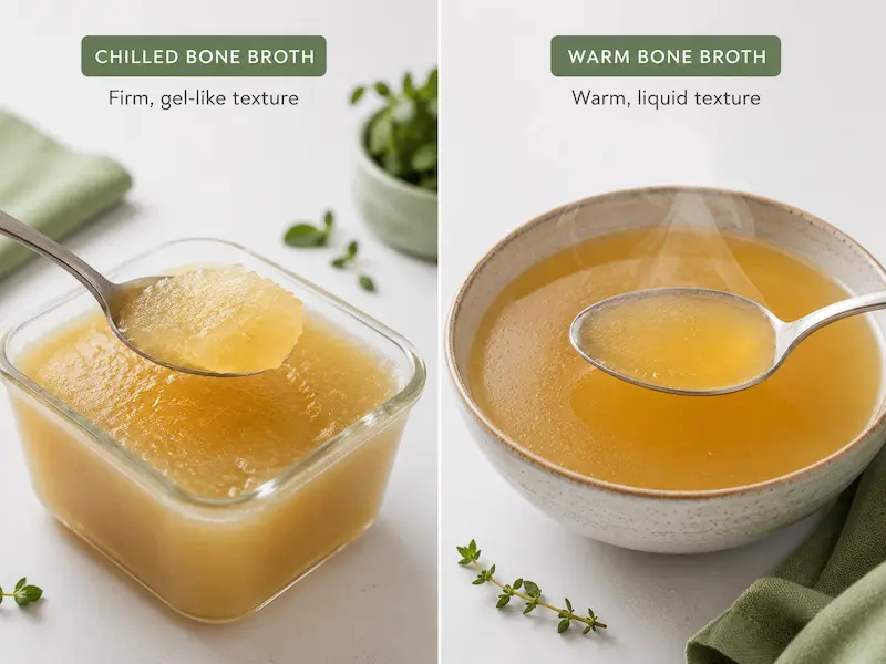 Side-by-side comparison of a spoonful of chilled bone broth showing a firm jelly-like gel texture next to a warm bowl of golden broth