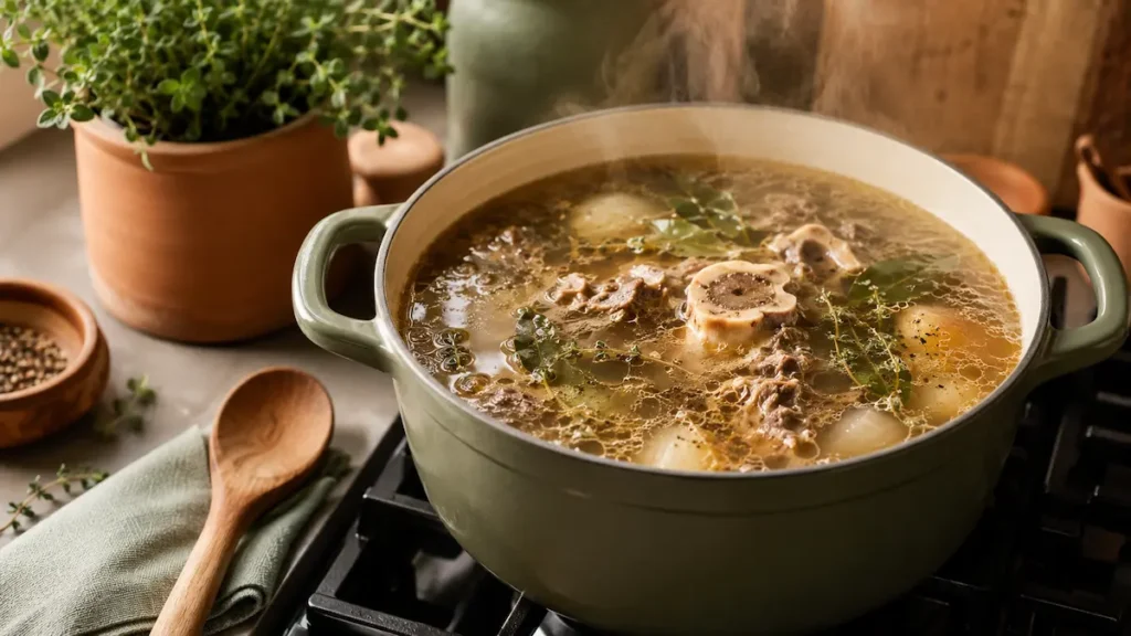 A large stockpot of golden bone broth simmering gently on a stovetop, steam rising, with bones and herbs visible through the liquid