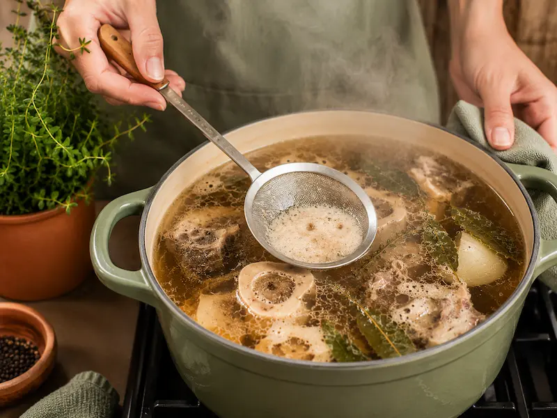 Close-up of hands skimming foam from the surface of simmering bone broth with a fine mesh skimmer