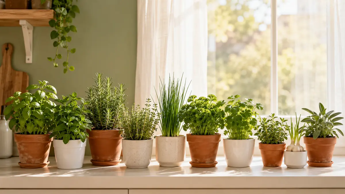 ten herb pots on bright apartment kitchen windowsill including basil mint rosemary thyme chives parsley coriander oregano garlic and sage in morning sunlight