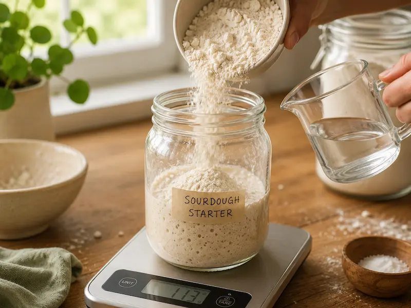Hands feeding a sourdough starter with flour and water on a wooden kitchen counter with small digital kitchen scales visible in warm natural light