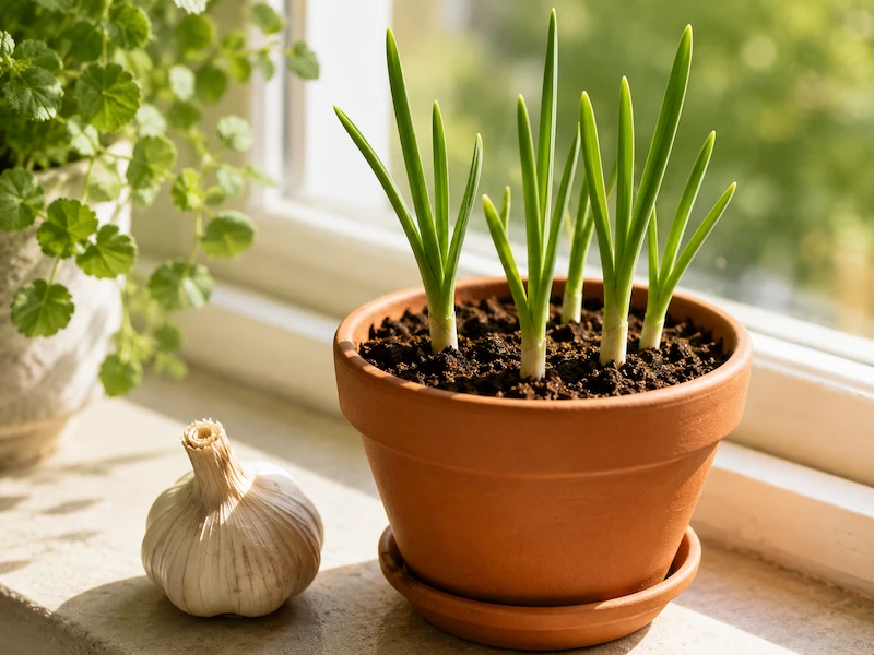 garlic growing in terracotta pot on sunny windowsill showing green shoots emerging from soil with whole garlic bulb beside pot for scale