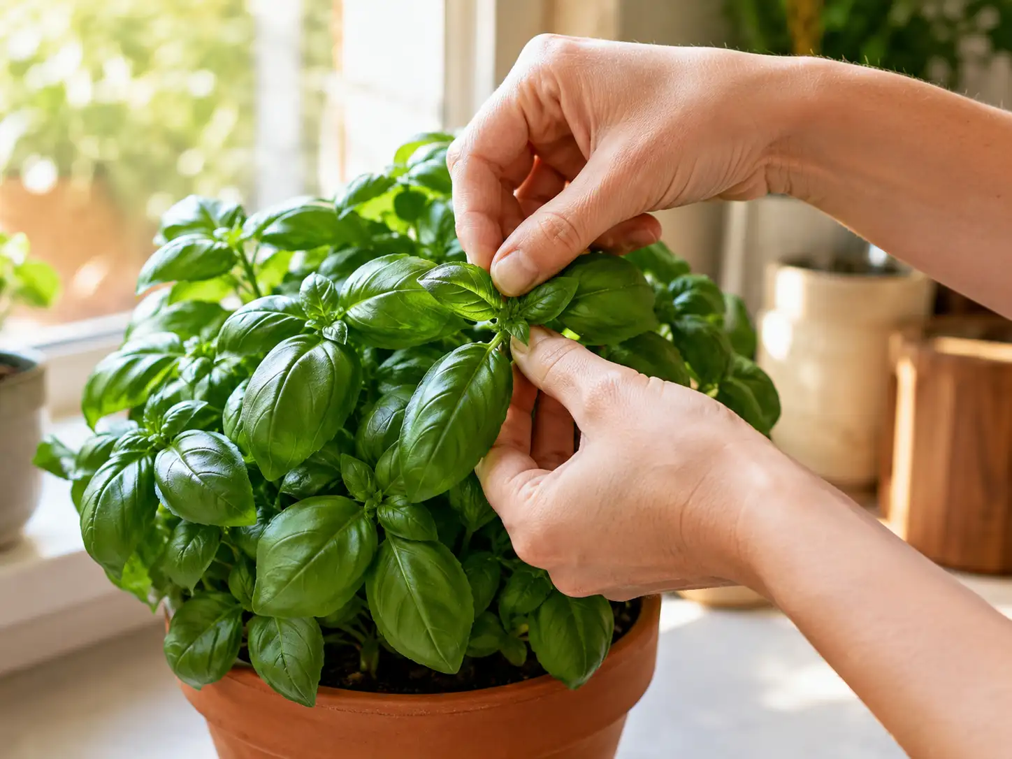 A close-up of hands pinching fresh basil leaves from the top of a lush bushy basil plant growing in a terracotta pot on a bright sunny kitchen windowsill.