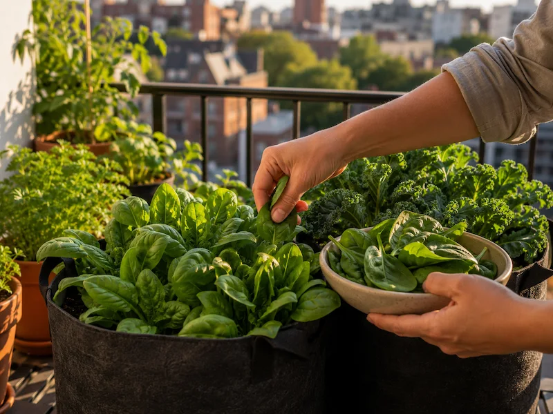 Hands harvesting fresh spinach leaves from a large black fabric grow bag on an apartment balcony with kale and other vegetables growing alongside