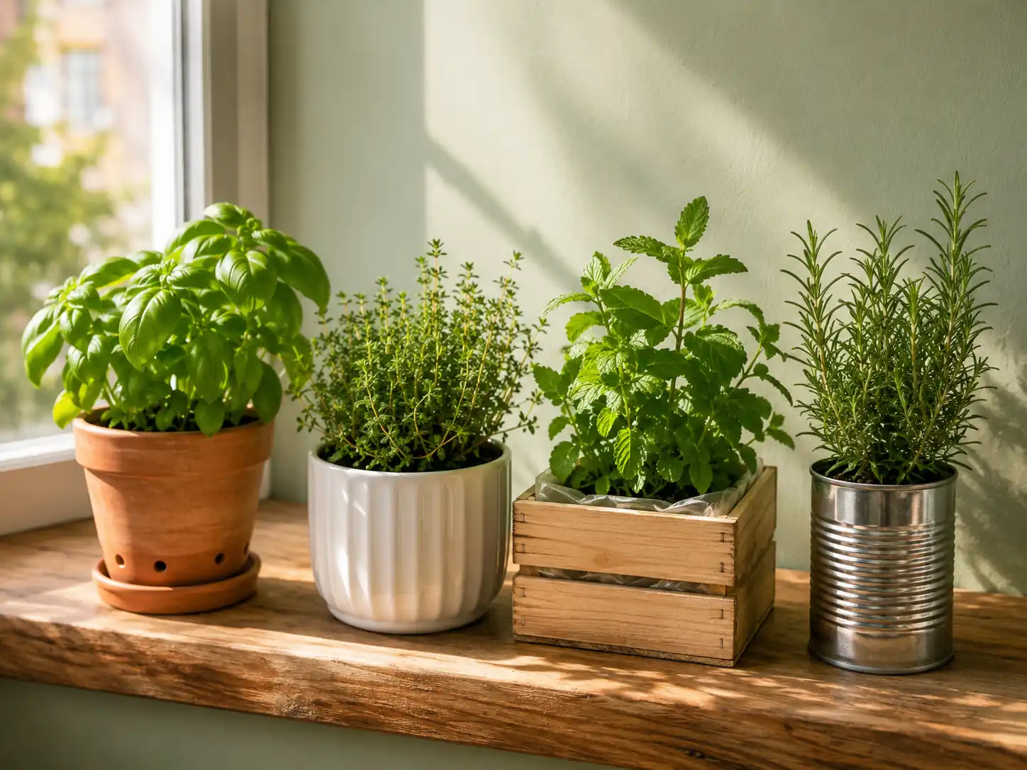 Four different herb container types side by side on a wooden windowsill — a terracotta pot, a white ceramic planter, a small wooden box, and a recycled tin, each holding a different thriving herb.