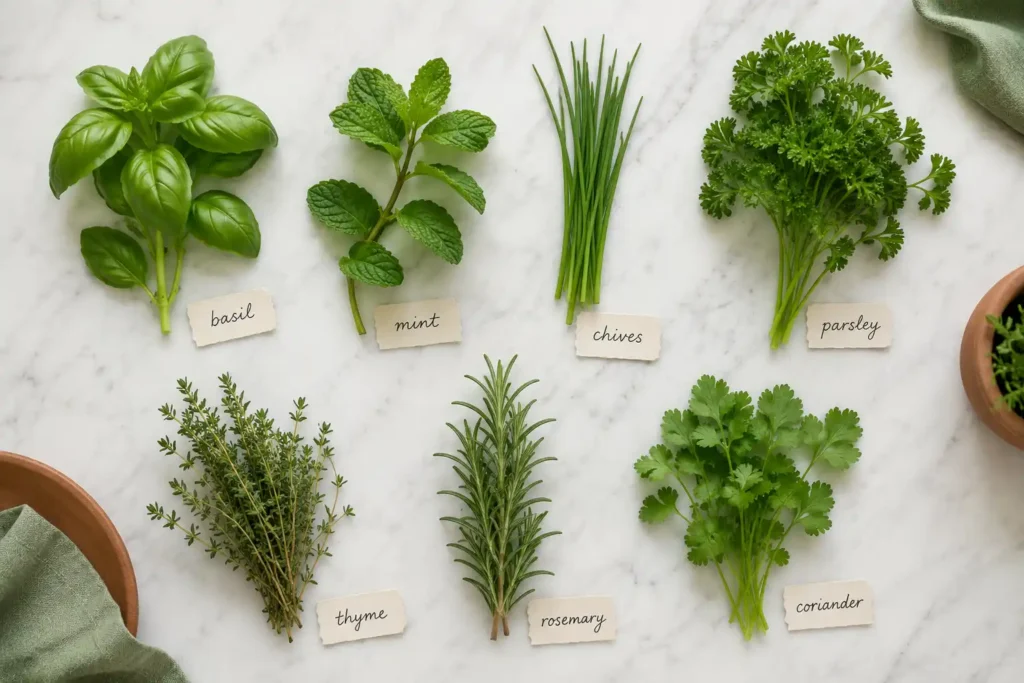 A flat lay of seven fresh herb cuttings including basil, mint, chives, parsley, thyme, rosemary, and coriander arranged on a white marble surface with small handwritten labels beside each one.