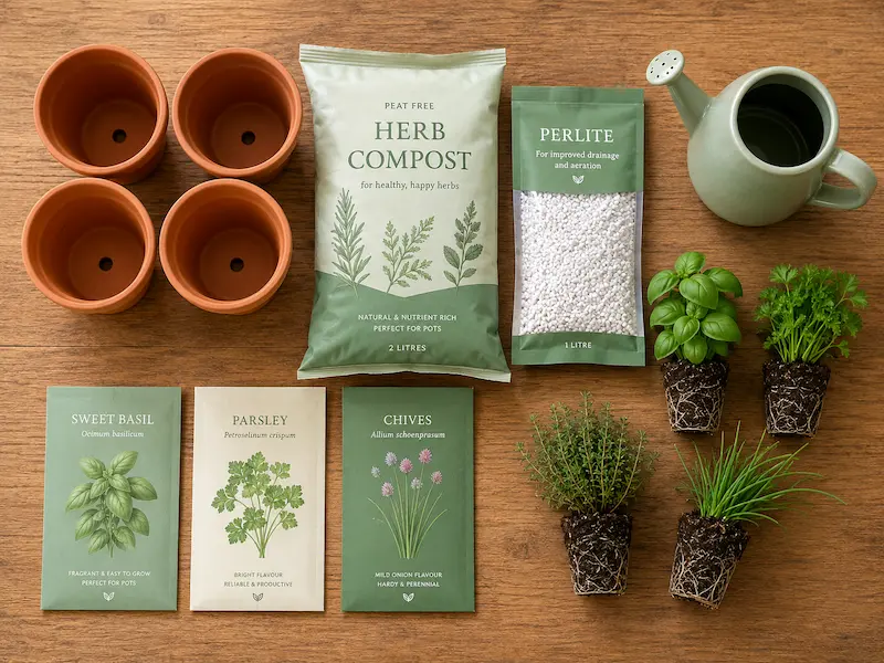 herb growing supplies flat lay including terracotta pots bag of compost seed packets small watering can and herb plant plugs on wooden table