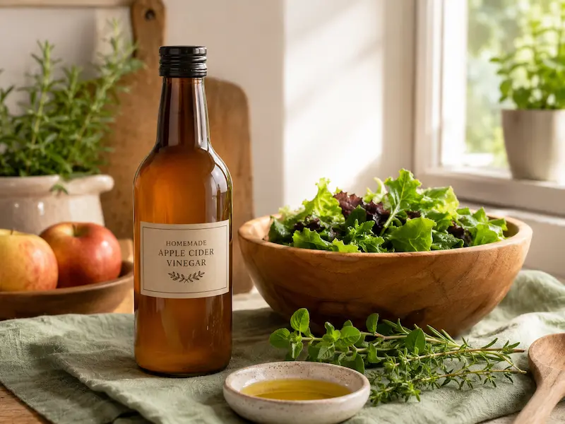 dark glass bottle of homemade apple cider vinegar next to wooden salad bowl fresh greens olive oil and herbs on kitchen counter