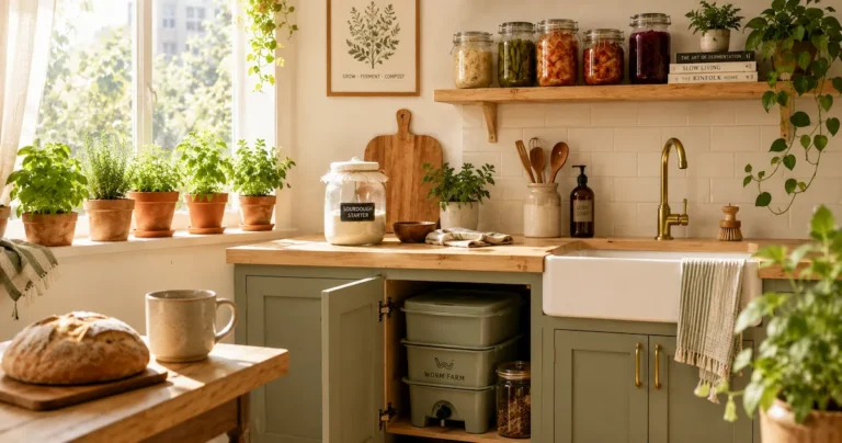 Apartment homestead kitchen with sage-green cabinets, herb pots, sourdough starter jar, fermentation jars, worm farm, and a freshly baked sourdough loaf.