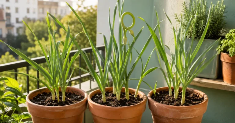 Three terracotta pots of garlic growing on an apartment balcony with tall green shoots and a curling garlic scape in warm morning sunlight