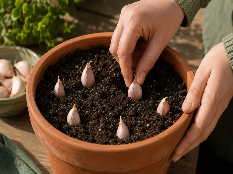 Hands pressing garlic cloves pointy end up into dark potting soil in a terracotta pot at four inch spacing