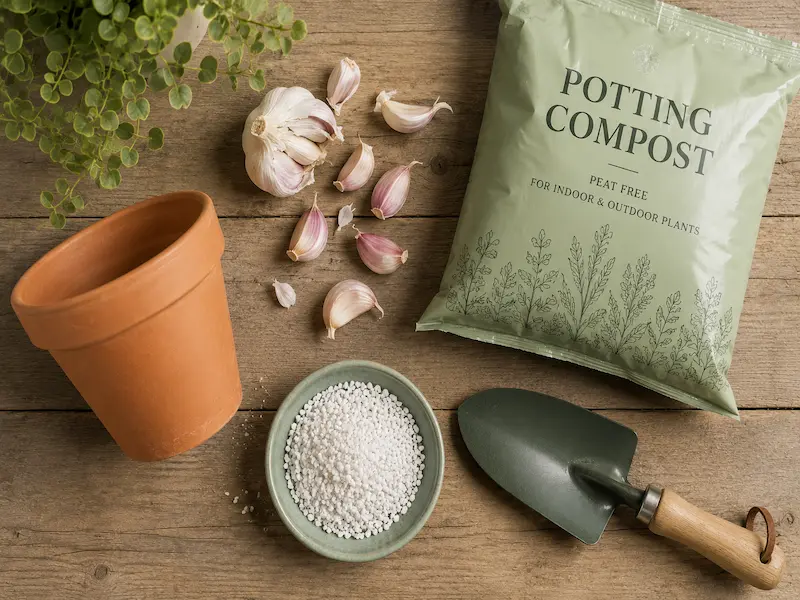 Garlic growing supplies flat lay including terracotta pot, garlic cloves, potting compost, perlite and garden trowel on a wooden surface