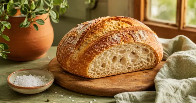 Finished no-knead bread loaf on a wooden board with crackly golden crust and open crumb
