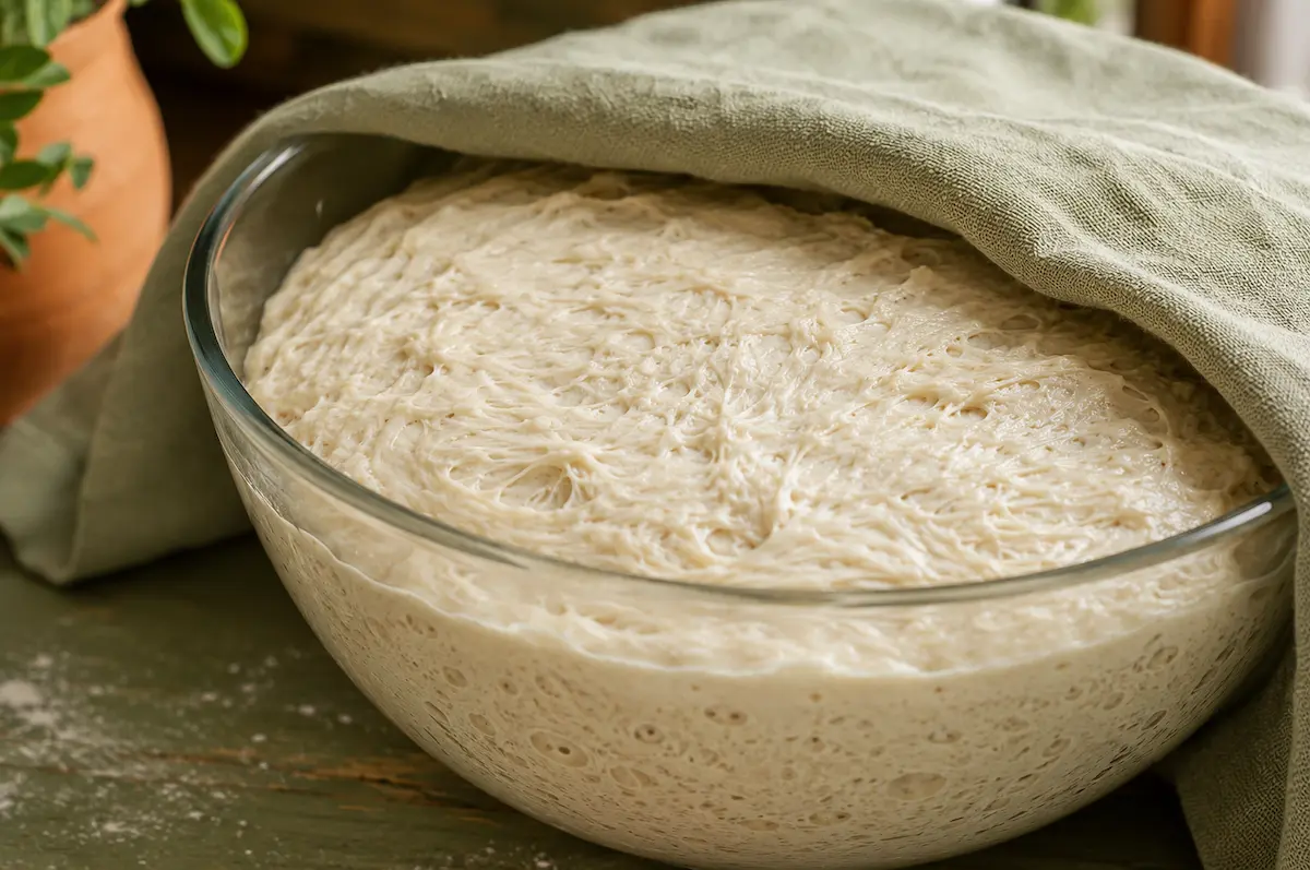 Bubbly no-knead bread dough in a glass bowl after 18 hour overnight rise