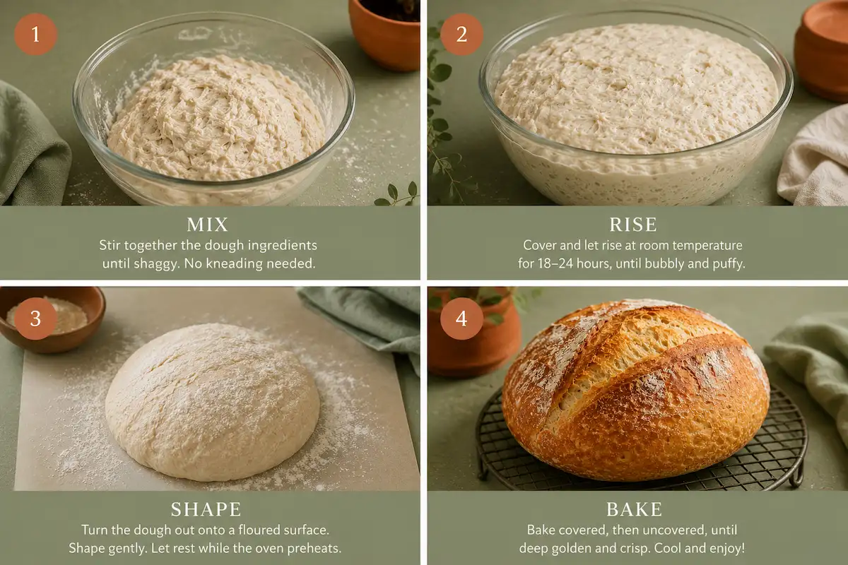 Four step sequence showing no-knead bread process from shaggy dough to finished loaf