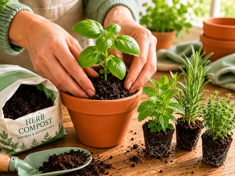 hands planting small herb seedlings into terracotta pots on wooden kitchen counter with bag of compost and basil mint and rosemary plugs ready to pot