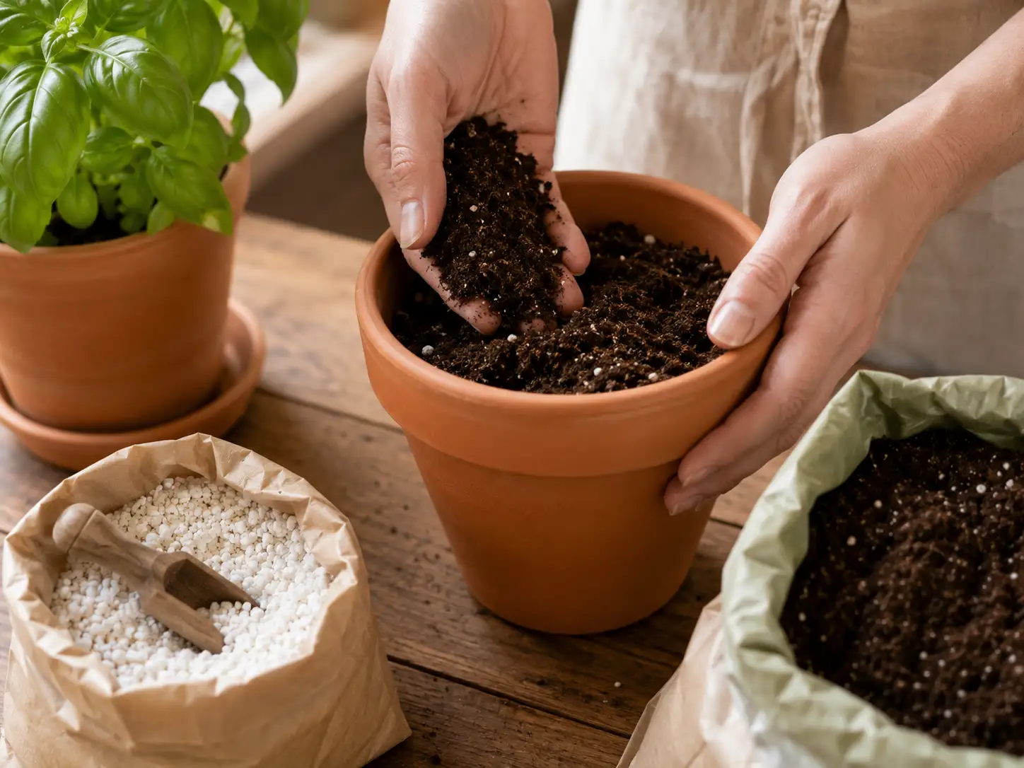 Two hands filling a terracotta pot with dark potting compost on a wooden kitchen table beside an open bag of perlite and a bag of multipurpose compost in soft natural window light.