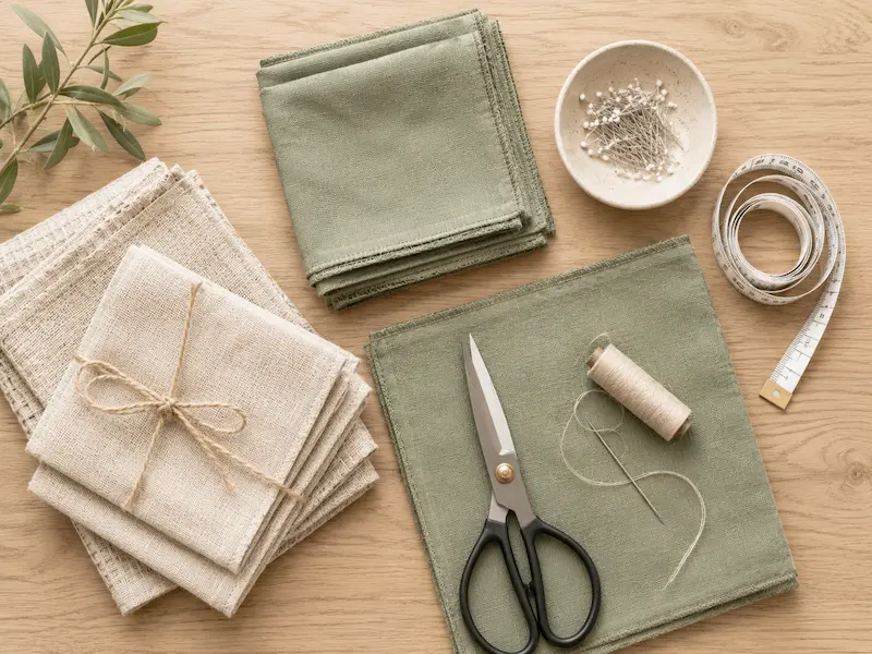 reusable paper towels diy supplies flat lay including fabric squares scissors pins measuring tape and needle and thread on wooden surface