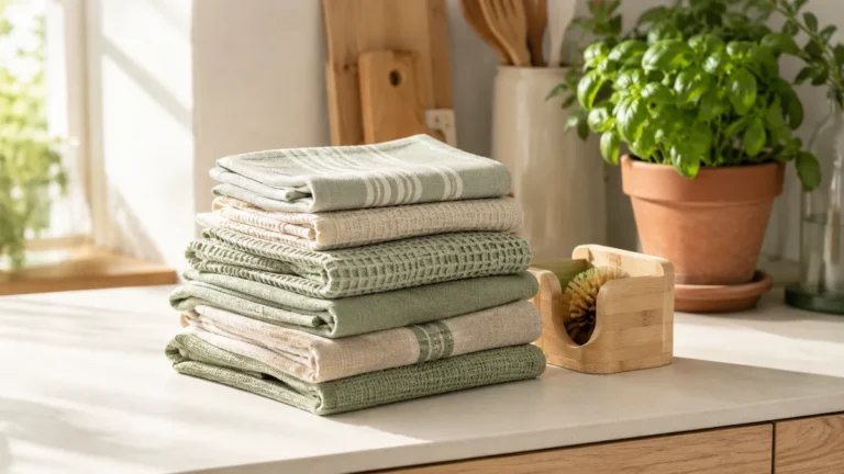 stack of folded reusable cloth paper towels in sage green and natural linen on kitchen counter next to wooden holder with herbs in background