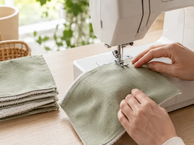 hands sewing sage green flannel and white terry cloth fabric together on home sewing machine to make reusable paper towels