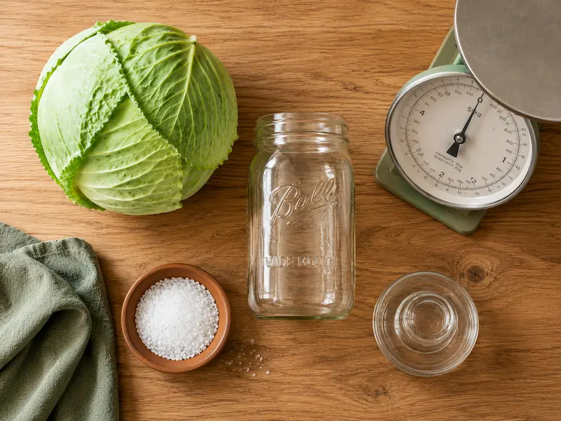 Sauerkraut fermentation equipment flat lay with cabbage, sea salt, mason jar, fermentation weight, and kitchen scale